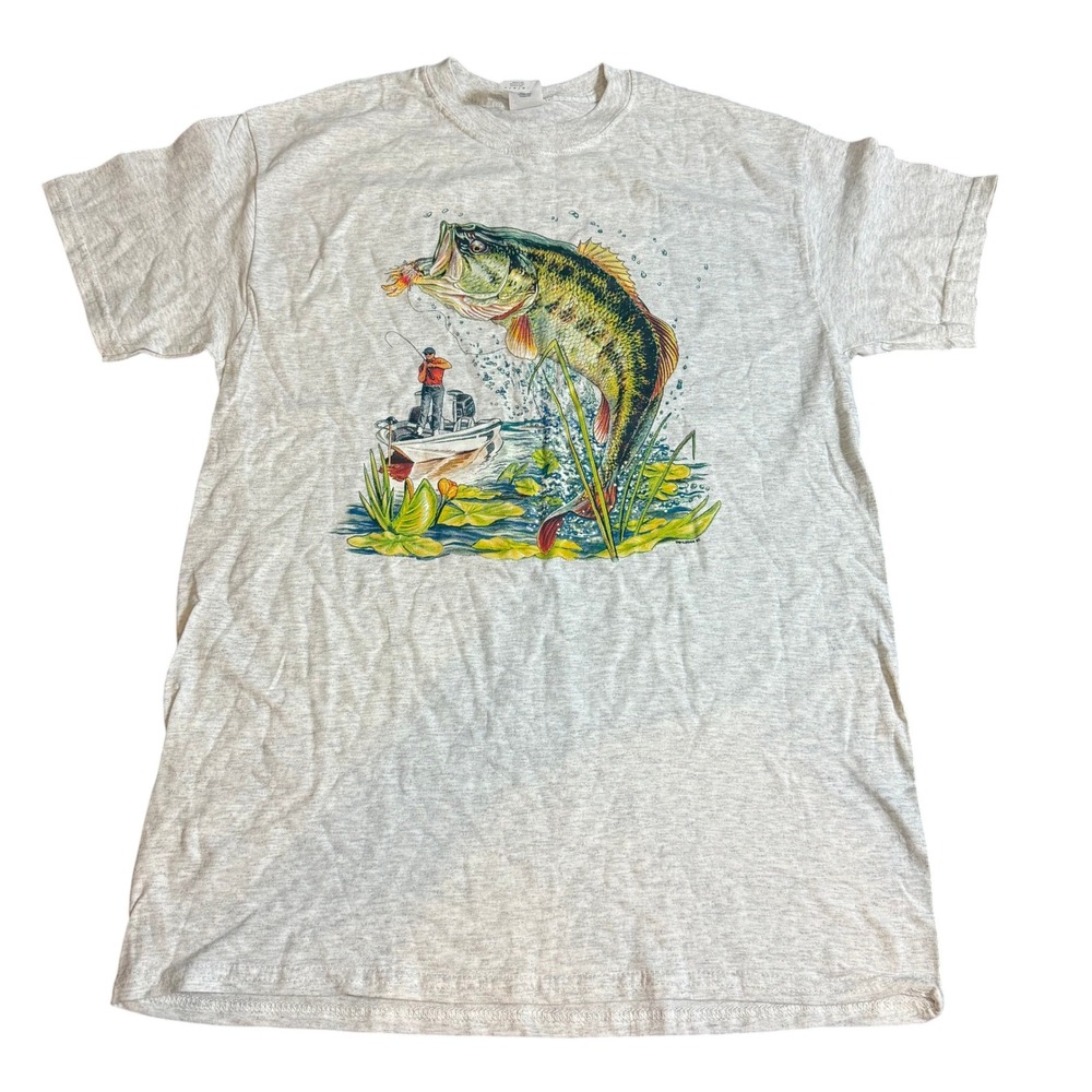 Vintage y2k Mens Bass‎ Fishing T Shirt Graphic Tee Shirt Size Medium Gray